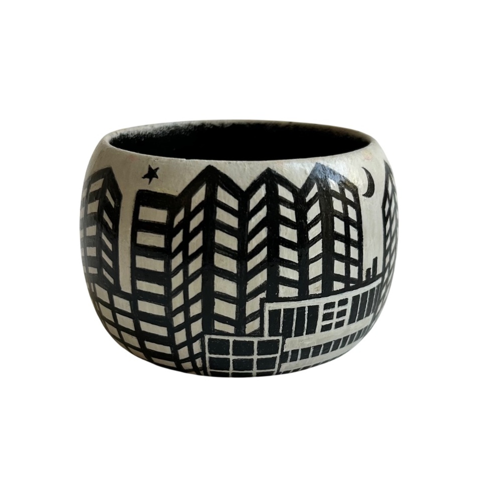 Vintage Cityscape Buildings Black and White Handpainted Wide Wood Bracelet - Picture 3 of 6